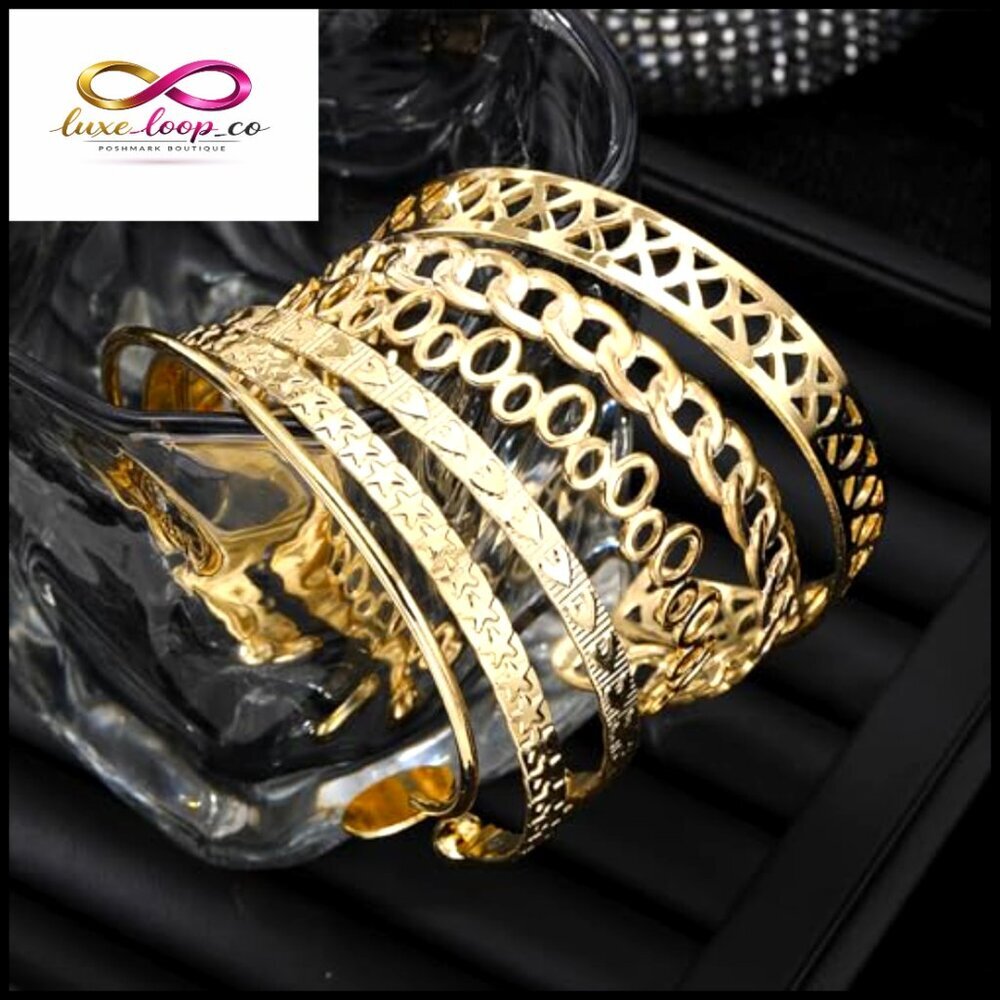 Adjustable 14k Gold Plated Bangle Bracelet Set, Multi-Layer Stackable Cuff - Picture 3 of 6